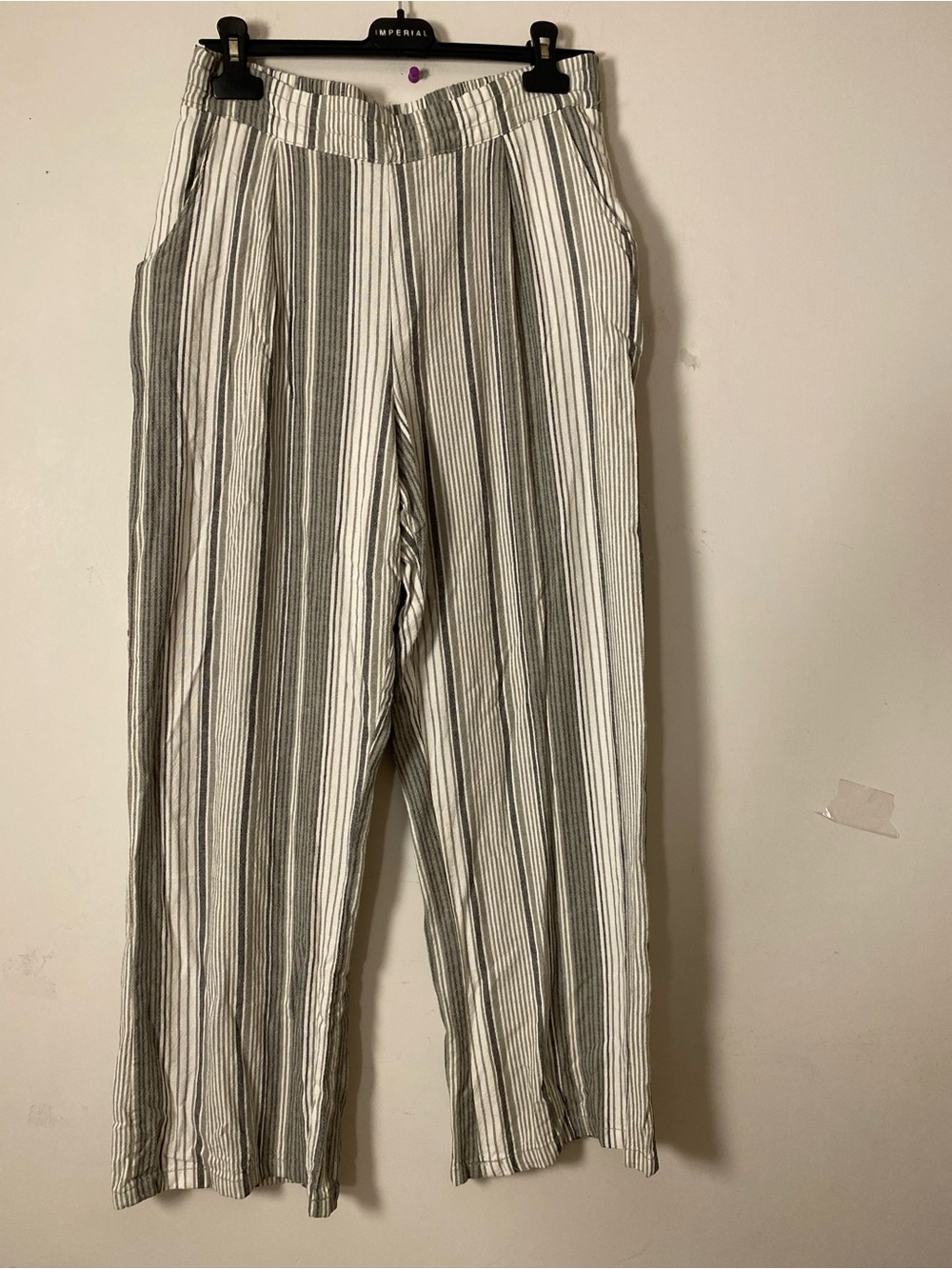 Linen Rayon blend Wide-Leg Striped Pants in Gray White and green -Casual Comfort